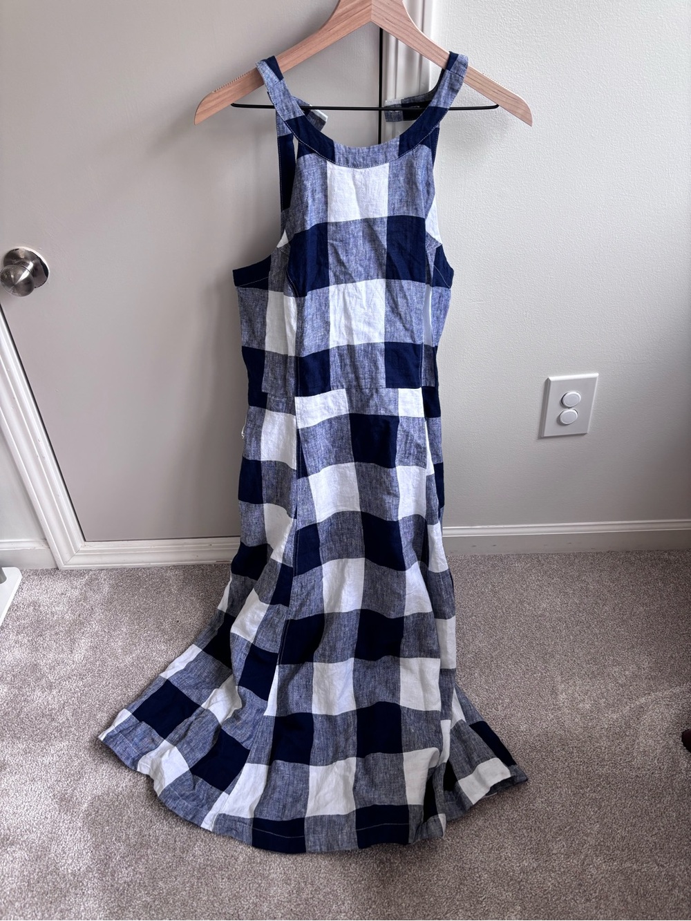 Linen Navy and White Checkered Sleeveless Midi Dress